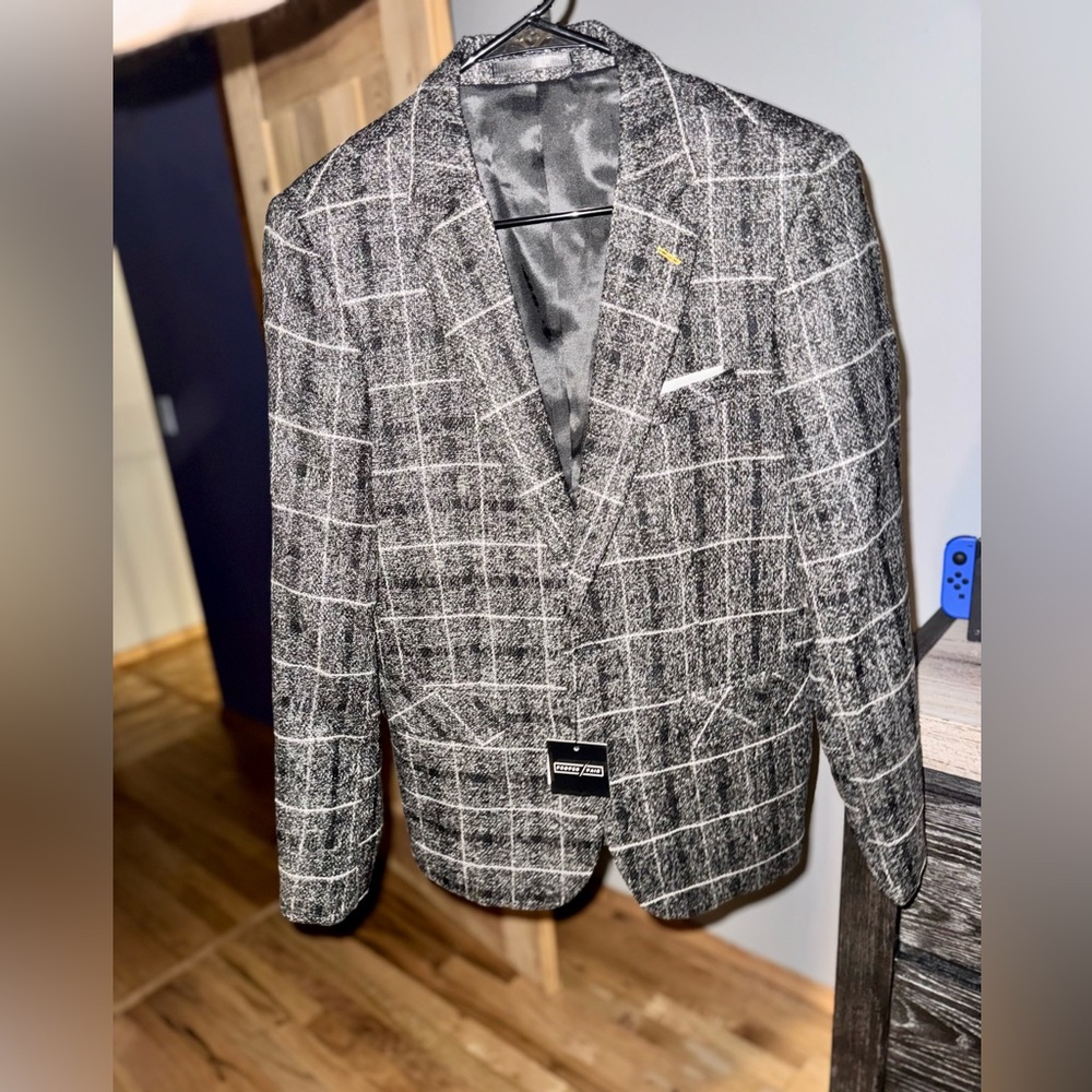 NWT Proper Pair Gray Windowpane Tweed Blazer Jacket Medium M